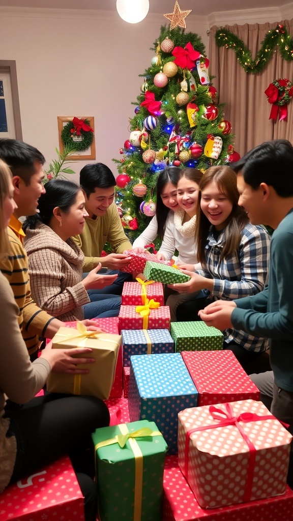 A joyful Christmas gift exchange scene with people smiling and colorful gifts.